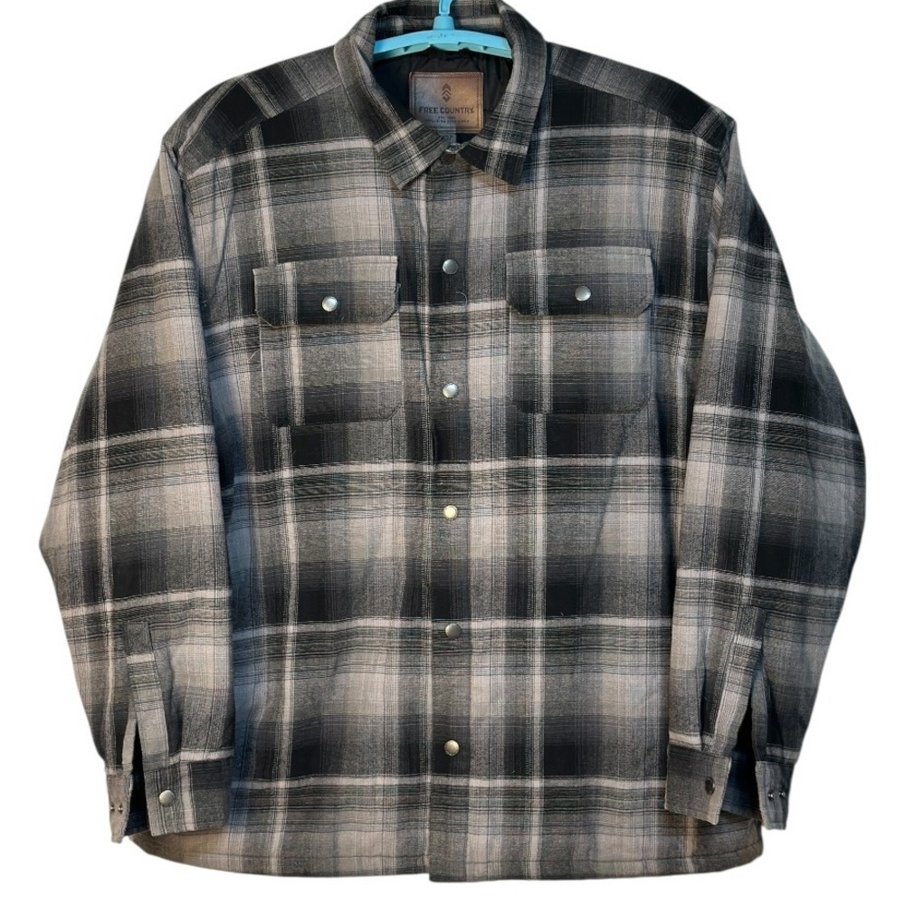 Free Country Plaid‎ Quilt Lined Flannel Shirt Black Gray Lumberjack Shacket XXL